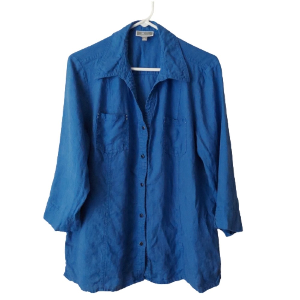 JM Collection 100% Linen Blue Button Down Top Studded Details Women's Sz 16